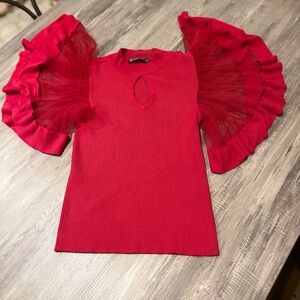 Unique Red Women's Top with Chiffon Puff Sleeves